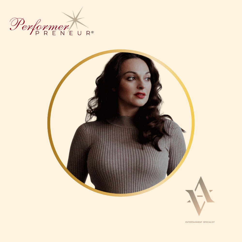 Here's alt text for this image: "Professional headshot of a woman with dark wavy hair wearing a brown ribbed turtleneck sweater, positioned within a gold circular frame. The image has a cream-colored background with the 'Performer Preneur' logo in the top left corner and an 'A' logo with 'Entertainment Specialist' text in the bottom right corner.