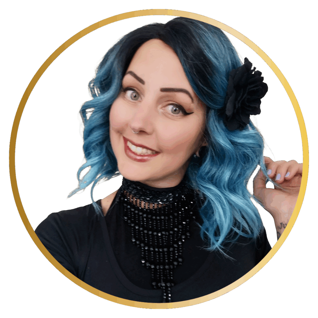 Ruby Flames with blue hair and black flower hair clip