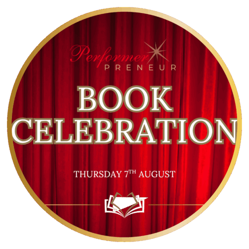 Circular event invitation with red velvet curtain background and gold border. Features 'Performerpreneur' logo at top with a sparkle star, large gold text reading 'BOOK CELEBRATION', event date 'Thursday 7th August' in white text, and an open book icon at the bottom.