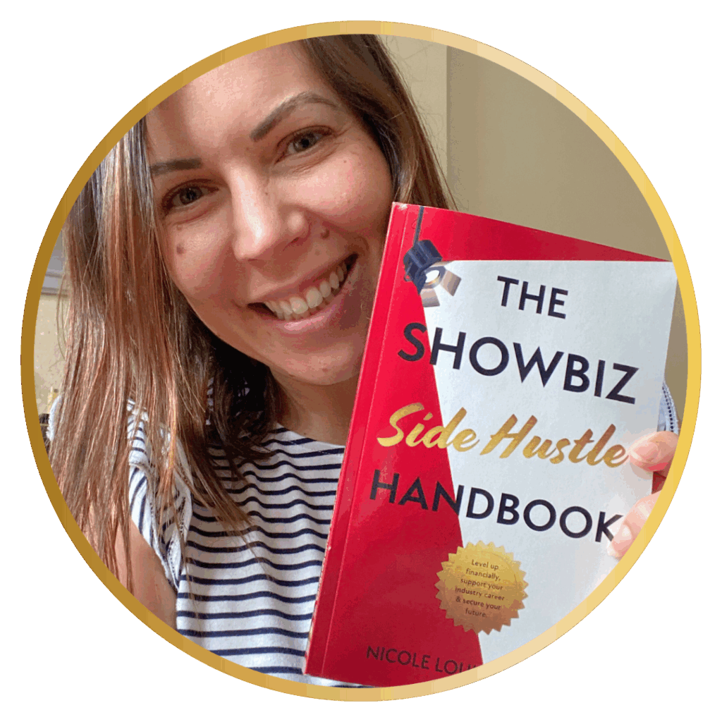 Nicole Geddes holding the Showbiz Side Hustle Handbook