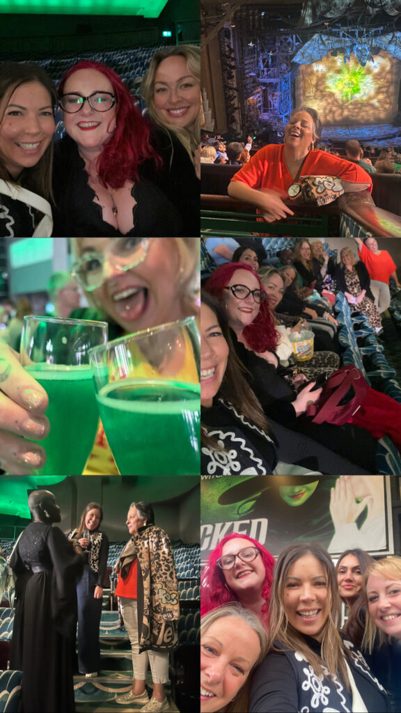 Collage of six photos from the Wicked Matinee Mixer showing creative professionals networking and enjoying the theatre experience - including group selfies of smiling attendees in their seats, someone holding a green themed cocktail with sparkly nails, women chatting in the theatre aisle, and friends posing together with the Wicked stage set visible in the background